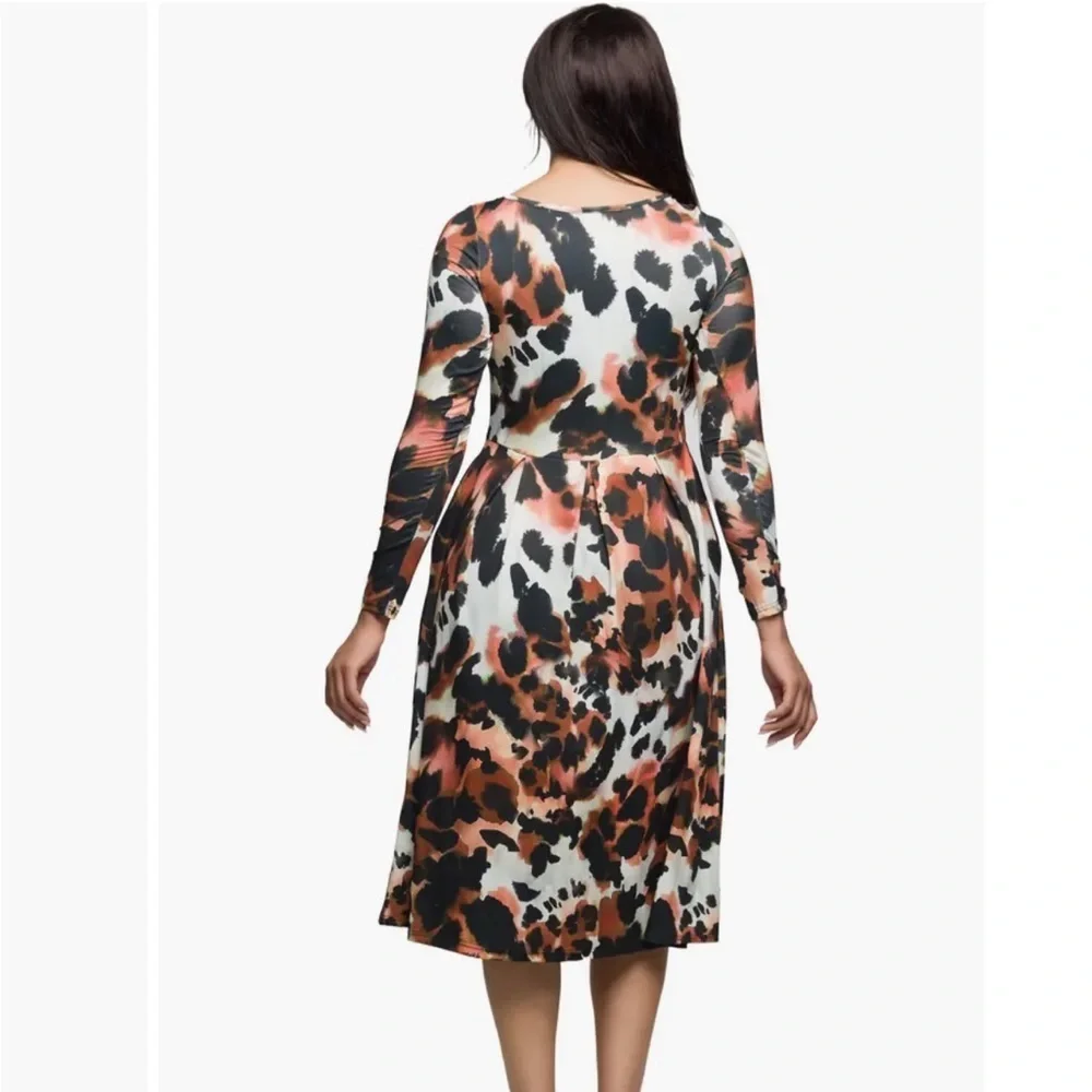 Long Sleeve Midi Dress in Animal Print 24seven Comfort Apparel